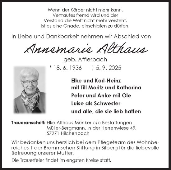 Traueranzeige von Annemarie Althaus von Siegener Zeitung