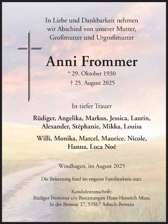 Traueranzeige von Anni Frommer von Siegener Zeitung