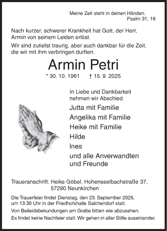 Traueranzeige von Armin Petri von Siegener Zeitung