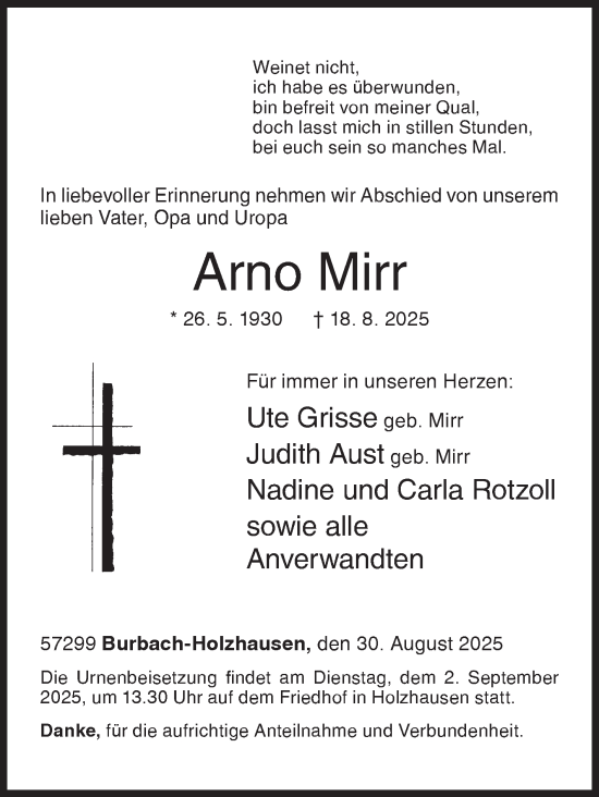 Traueranzeige von Arno Mirr von Siegener Zeitung