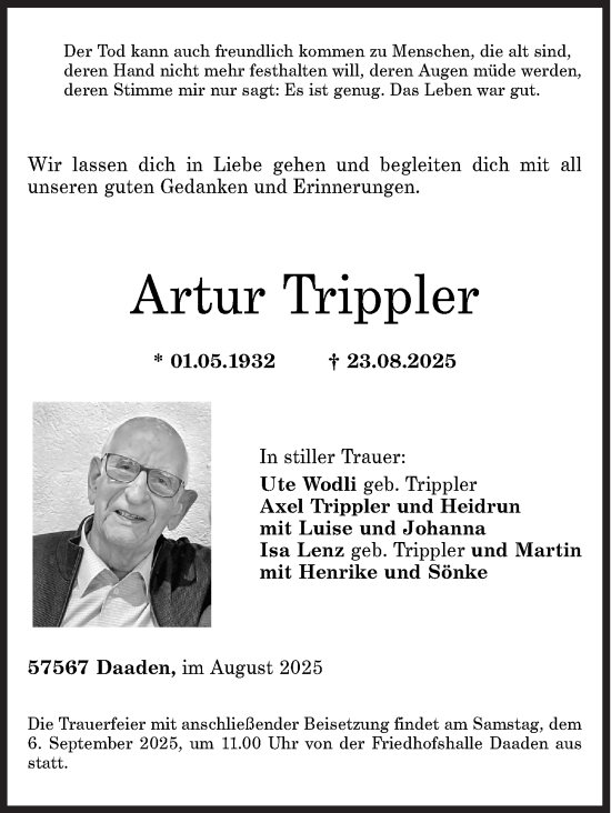 Traueranzeige von Artur Trippler von Siegener Zeitung