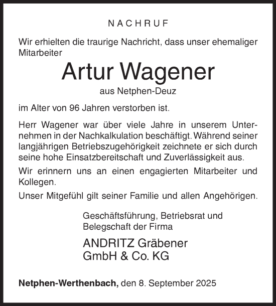 Traueranzeige von Artur Wagener von Siegener Zeitung