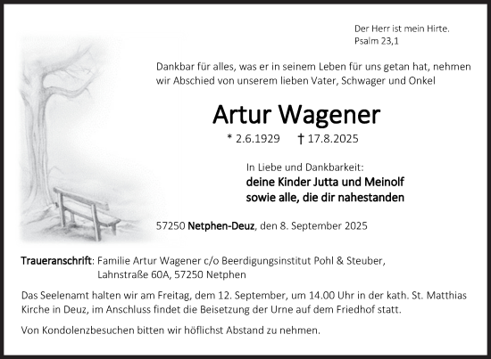 Traueranzeige von Artur Wagener von Siegener Zeitung