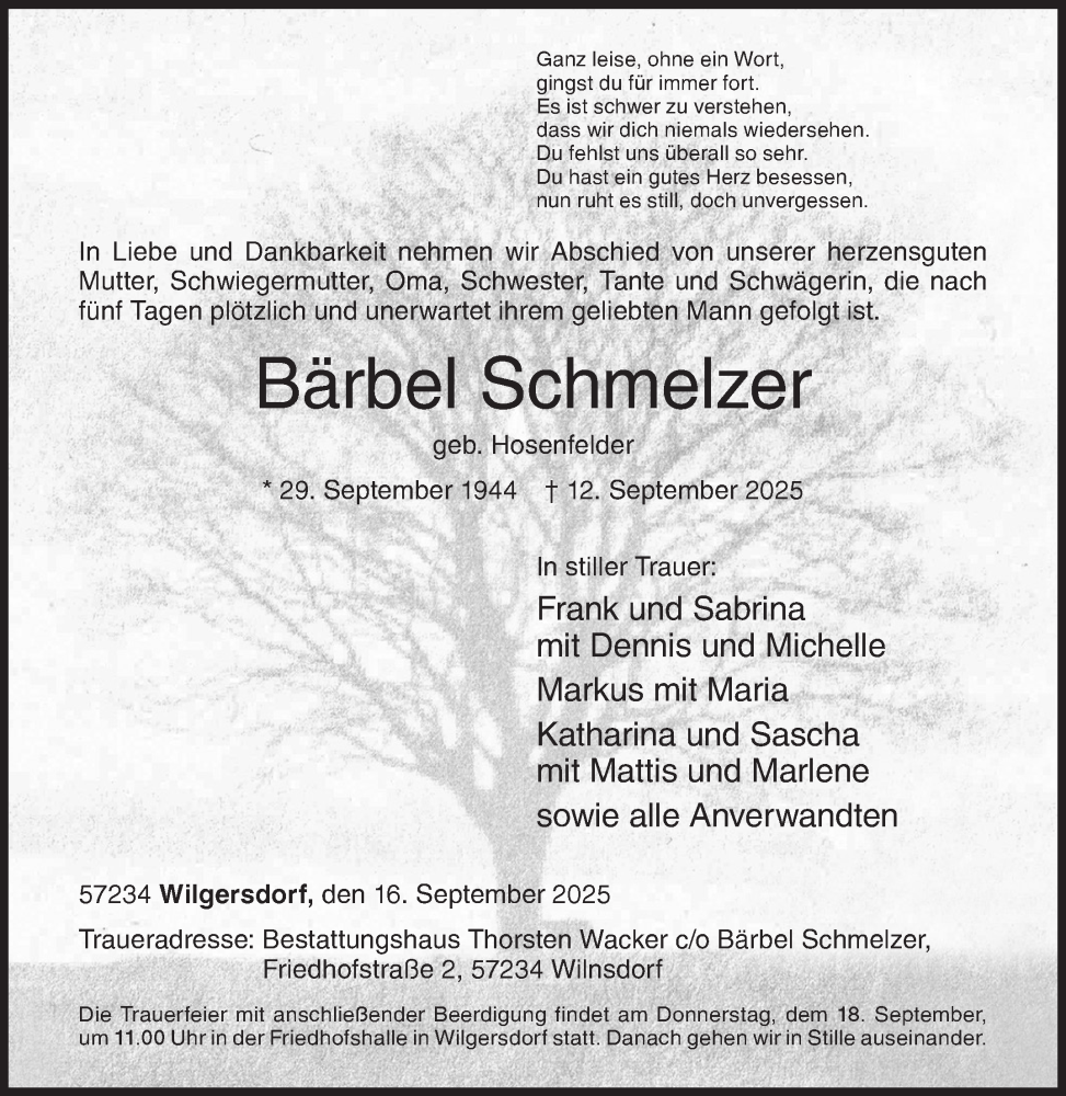  Traueranzeige für Bärbel Schmelzer vom 16.09.2025 aus Siegener Zeitung