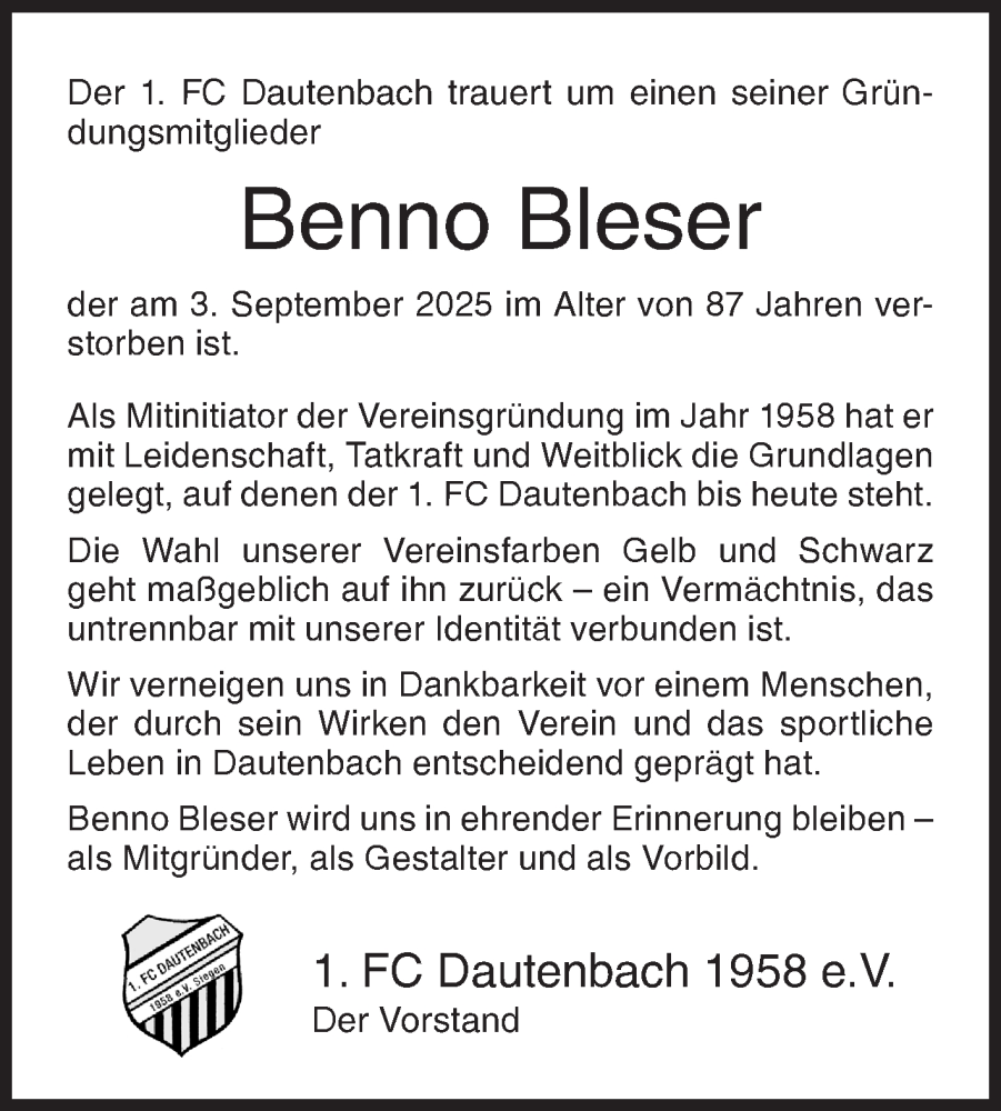  Traueranzeige für Benno Bleser vom 10.09.2025 aus Siegener Zeitung