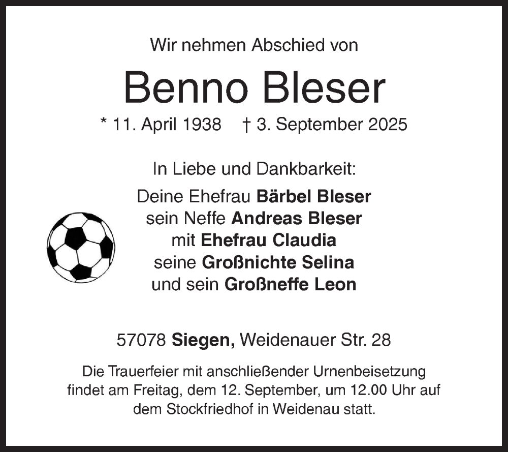  Traueranzeige für Benno Bleser vom 06.09.2025 aus Siegener Zeitung
