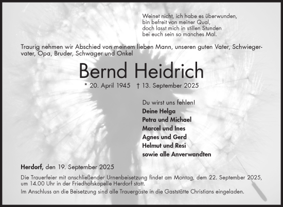 Traueranzeige von Bernd Heidrich von Siegener Zeitung