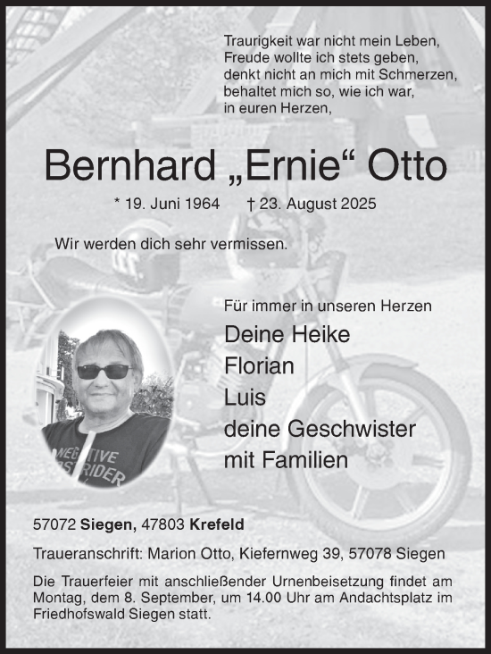 Traueranzeige von Bernhard Otto von Siegener Zeitung