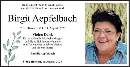 Traueranzeige von Birgit Aepfelbach von Siegener Zeitung
