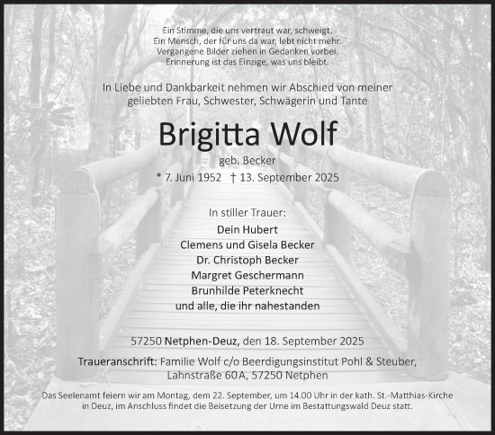 Traueranzeige von Brigitta Wolf von Siegener Zeitung