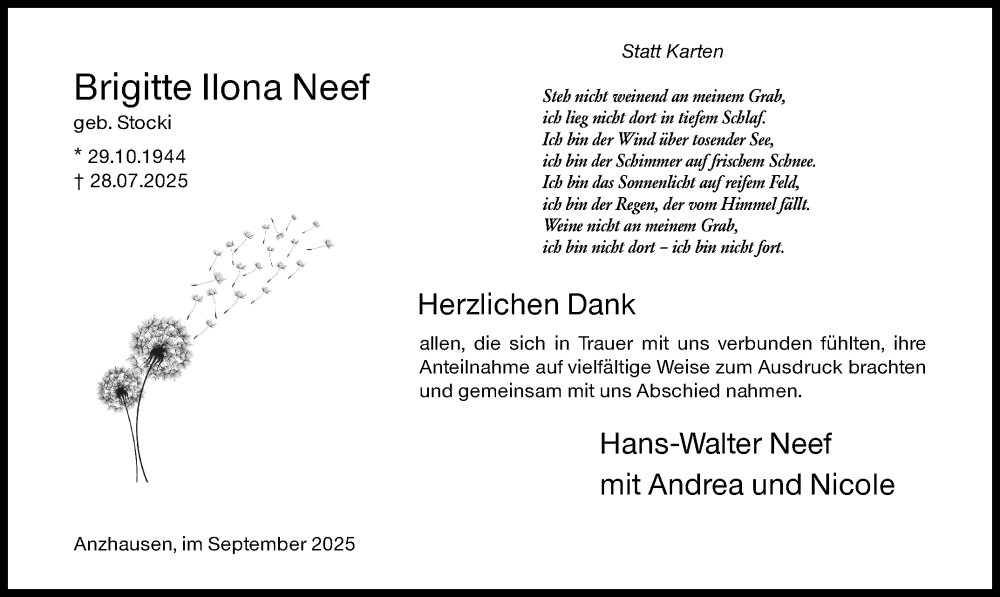  Traueranzeige für Brigitte Ilona Neef vom 10.09.2025 aus Siegener Zeitung
