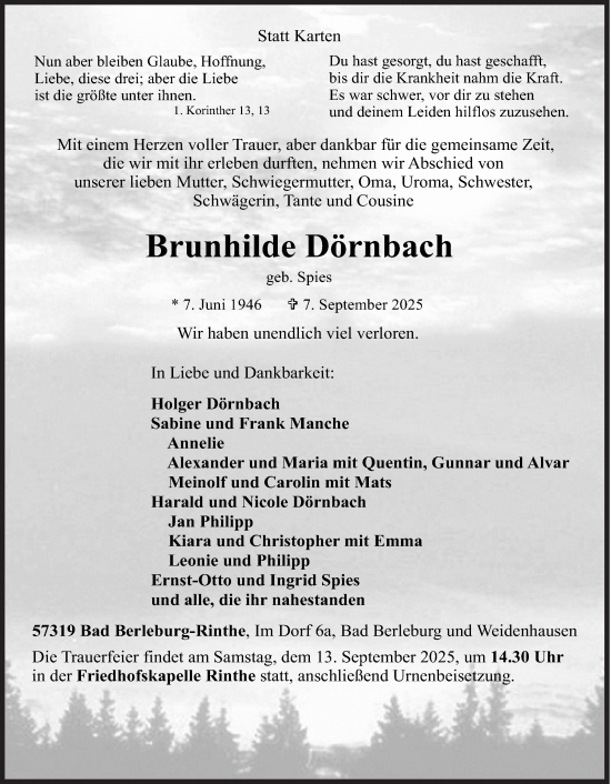 Traueranzeige von Brunhilde Dörnbach von Siegener Zeitung