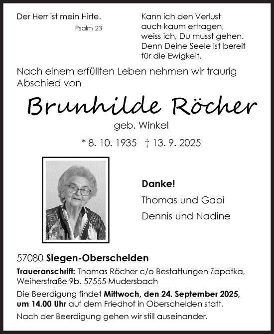 Traueranzeige von Brunhilde Röcher von Siegener Zeitung