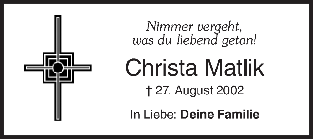  Traueranzeige für Christa Matlik vom 30.08.2025 aus Siegener Zeitung