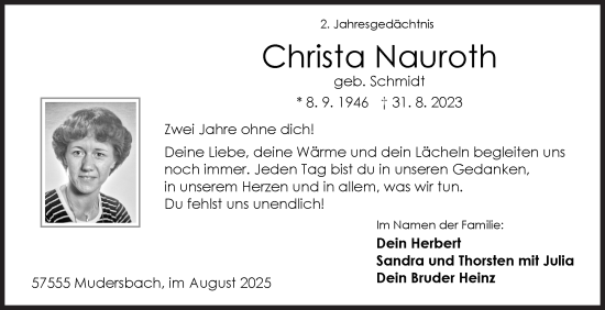 Traueranzeige von Christa Nauroth von Siegener Zeitung