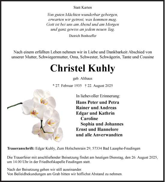 Traueranzeige von Christel Kuhly von Siegener Zeitung