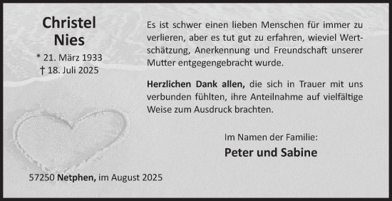 Traueranzeige von Christel Nies von Siegener Zeitung