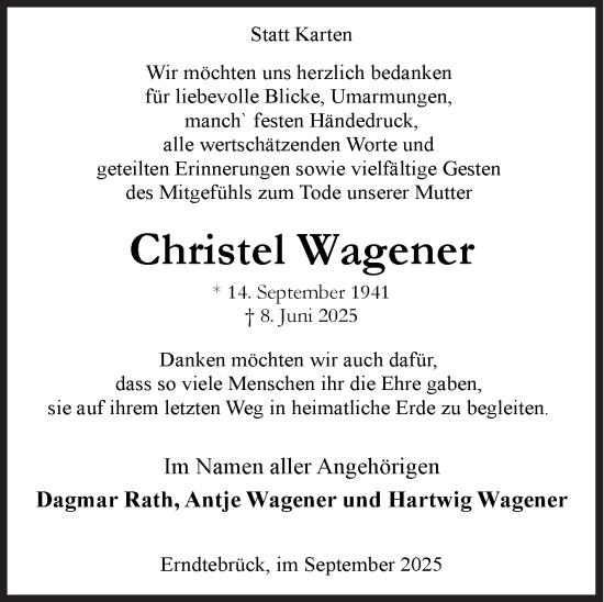 Traueranzeige von Christel Wagener von Siegener Zeitung