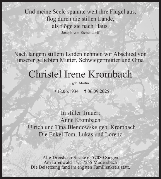 Traueranzeige von Christel Irene Krombach von Siegener Zeitung