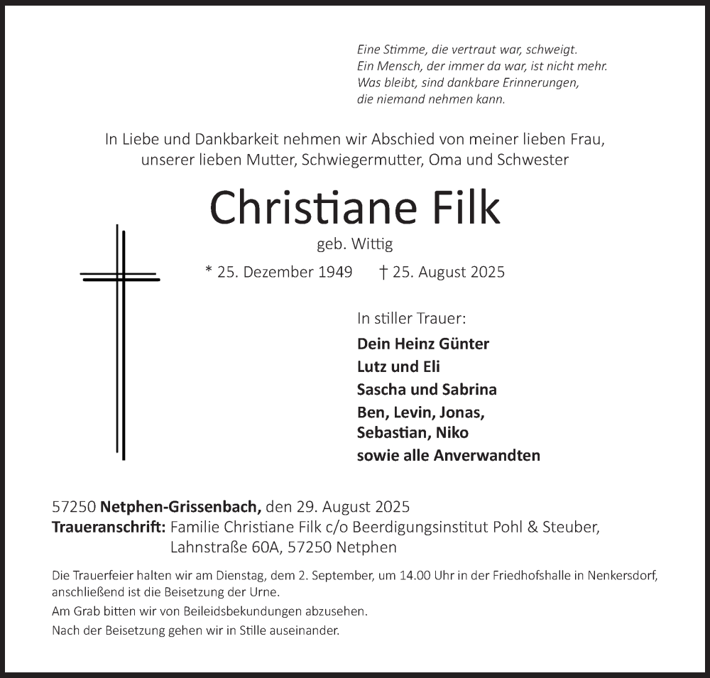  Traueranzeige für Christiane Filk vom 29.08.2025 aus Siegener Zeitung
