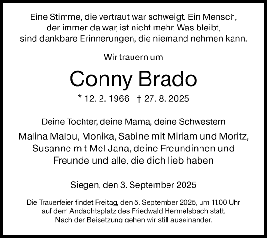 Traueranzeige von Conny Brado von Siegener Zeitung