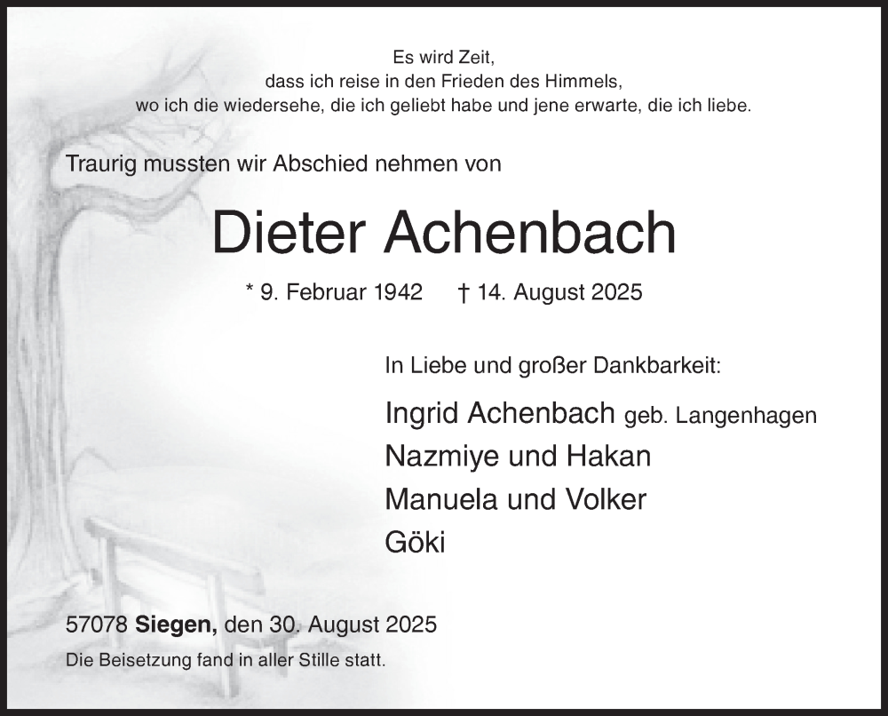  Traueranzeige für Dieter Achenbach vom 30.08.2025 aus Siegener Zeitung