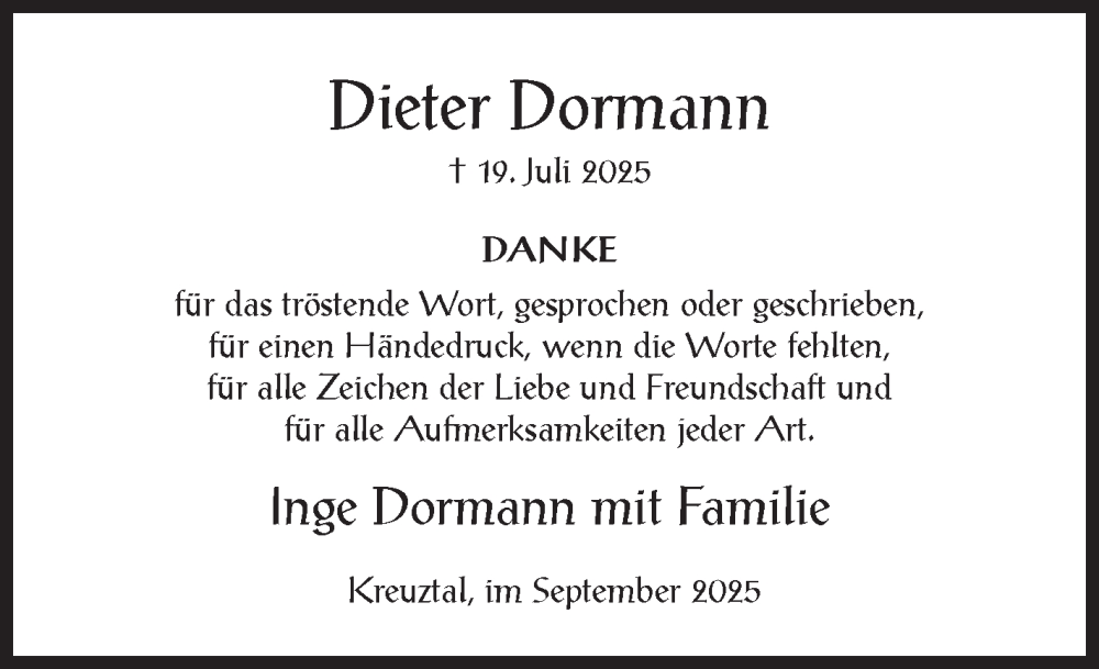  Traueranzeige für Dieter Dormann vom 06.09.2025 aus Siegener Zeitung