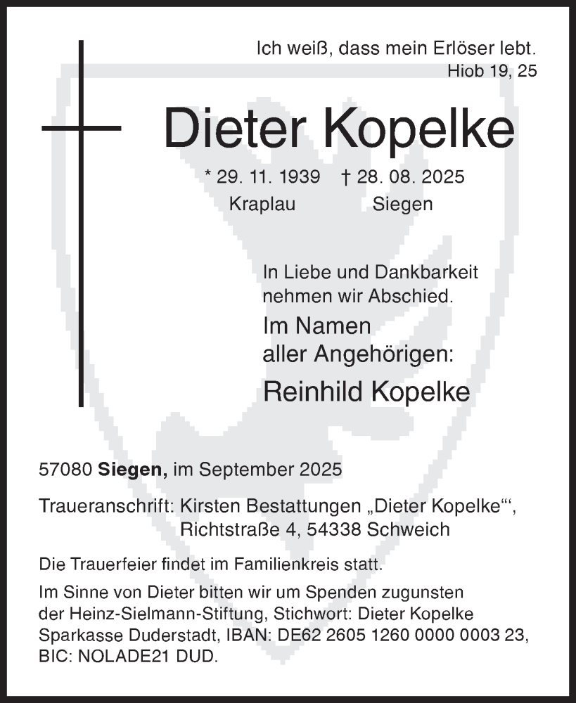 Traueranzeige für Dieter Kopelke vom 06.09.2025 aus Siegener Zeitung
