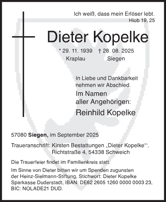 Traueranzeige von Dieter Kopelke von Siegener Zeitung