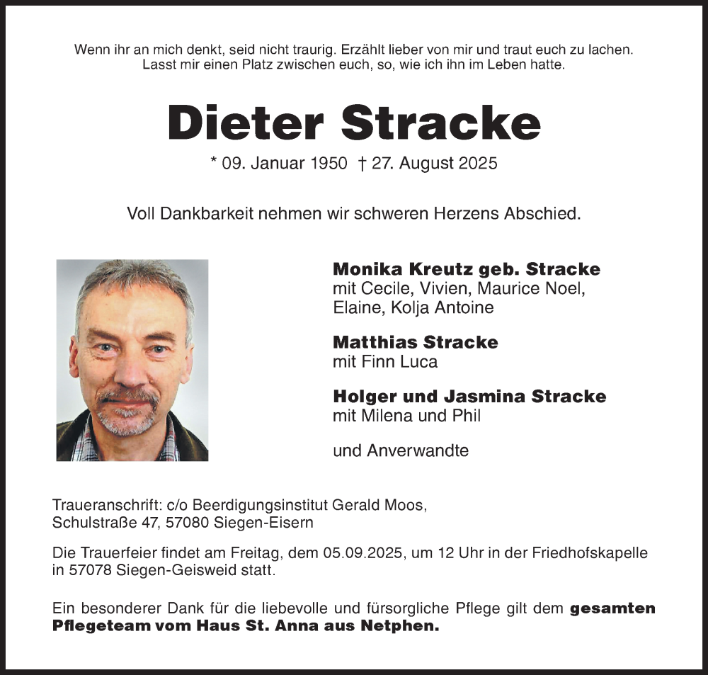  Traueranzeige für Dieter Stracke vom 30.08.2025 aus Siegener Zeitung