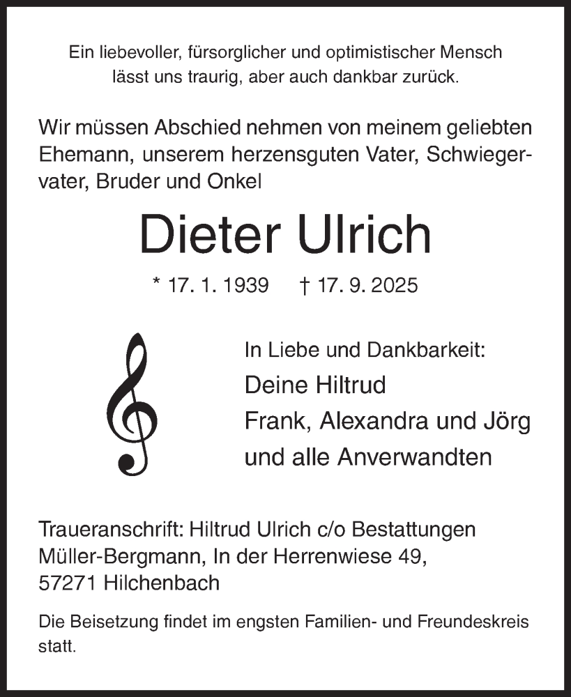  Traueranzeige für Dieter Ulrich vom 20.09.2025 aus Siegener Zeitung