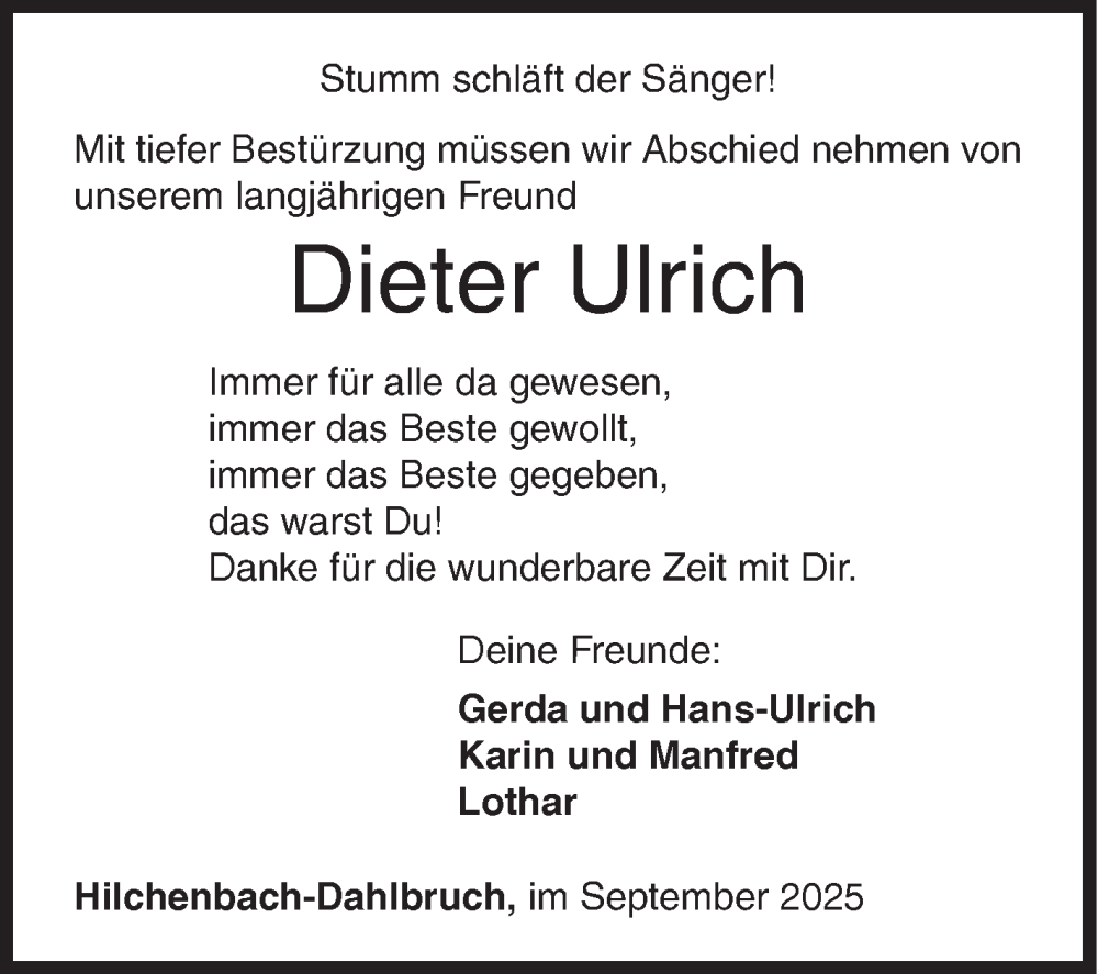  Traueranzeige für Dieter Ulrich vom 24.09.2025 aus Siegener Zeitung