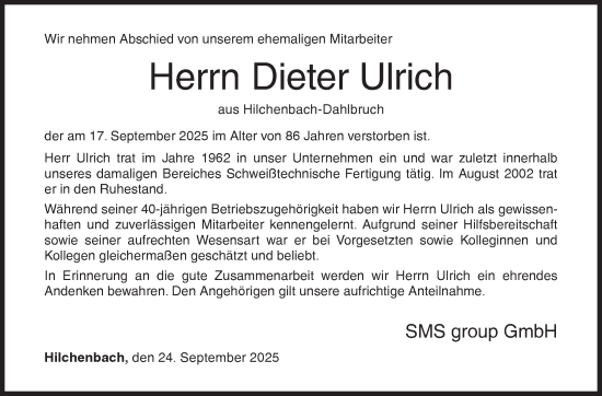 Traueranzeige von Dieter Ulrich von Siegener Zeitung