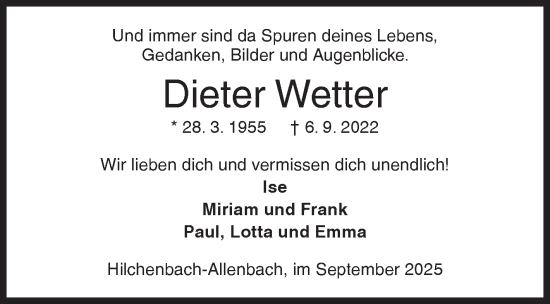 Traueranzeige von Dieter Wetter von Siegener Zeitung