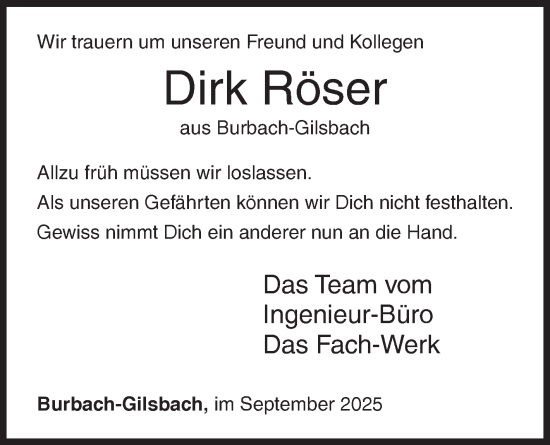 Traueranzeige von Dirk Röser von Siegener Zeitung
