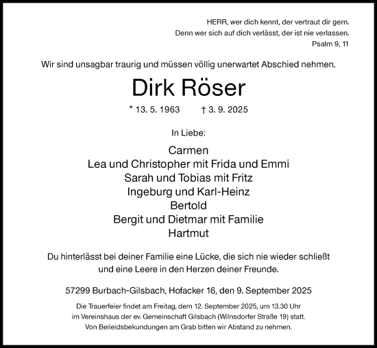 Traueranzeige von Dirk Röser von Siegener Zeitung