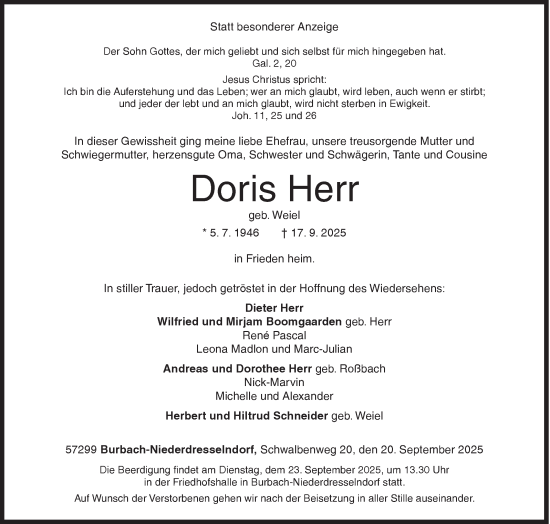 Traueranzeige von Doris Herr von Siegener Zeitung