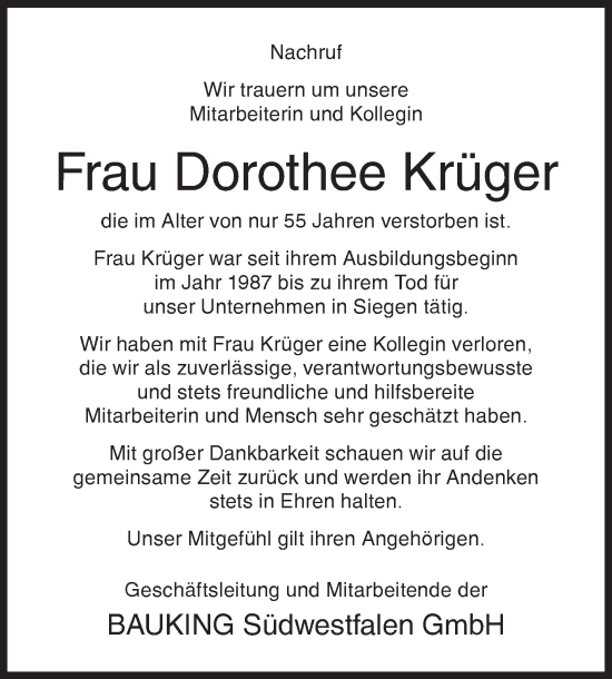 Traueranzeige von Dorothee Krüger von Siegener Zeitung