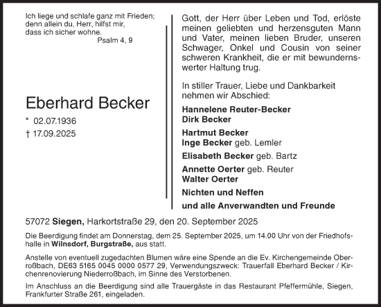 Traueranzeige von Eberhard Becker von Siegener Zeitung
