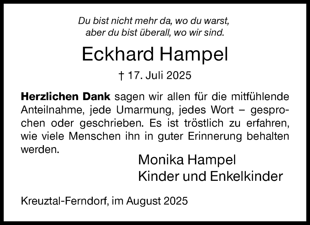  Traueranzeige für Eckhard Hampel vom 30.08.2025 aus Siegener Zeitung