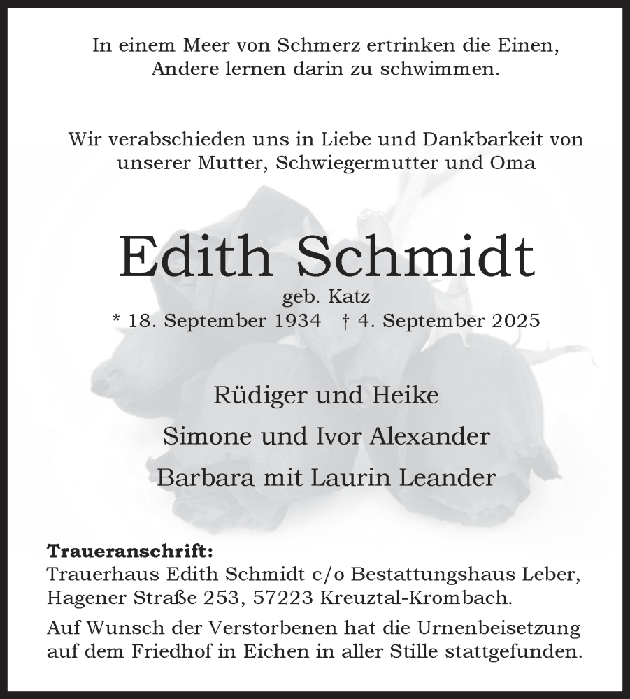  Traueranzeige für Edith Schmidt vom 17.09.2025 aus Siegener Zeitung