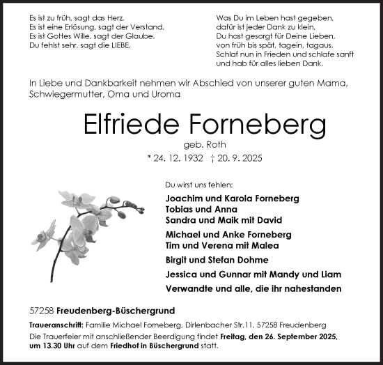 Traueranzeige von Elfriede Forneberg von Siegener Zeitung