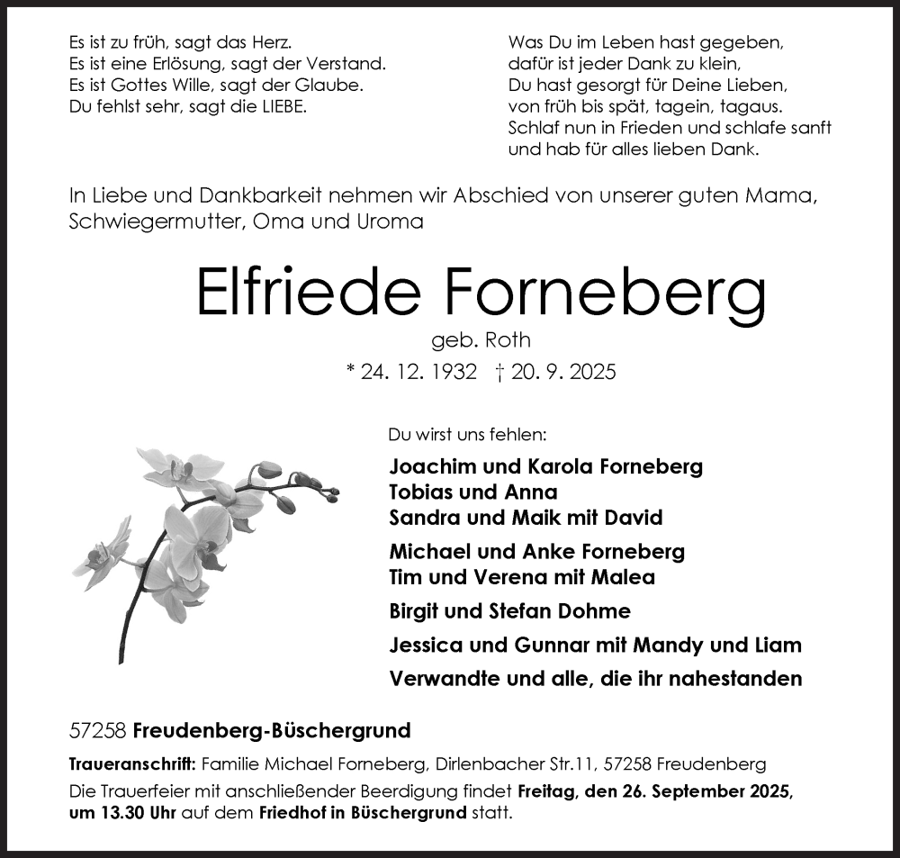  Traueranzeige für Elfriede Forneberg vom 23.09.2025 aus Siegener Zeitung