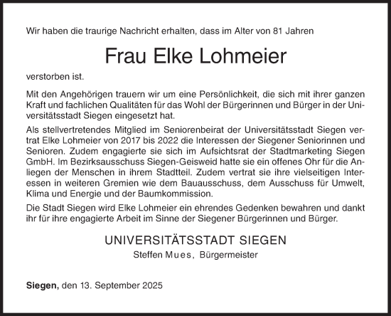 Traueranzeige von Elke Lohmeier von Siegener Zeitung