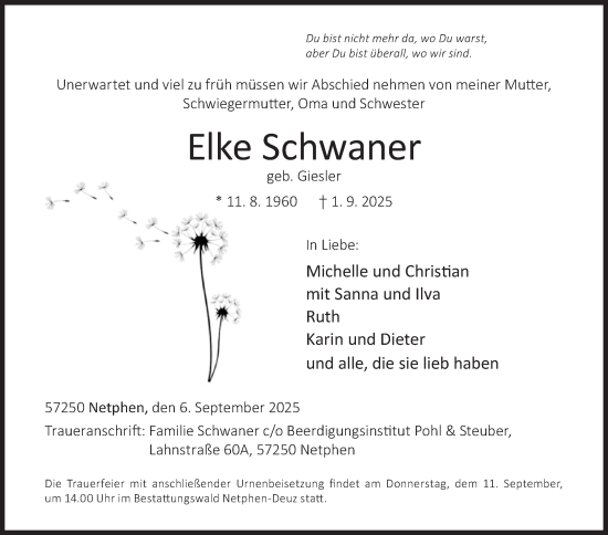 Traueranzeige von Elke Schwaner von Siegener Zeitung