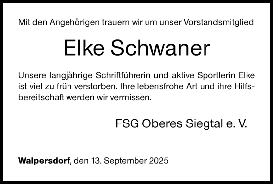 Traueranzeige von Elke Schwaner von Siegener Zeitung