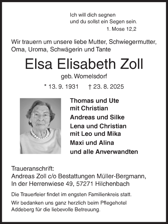 Traueranzeige von Elsa Elisabeth Zoll von Siegener Zeitung