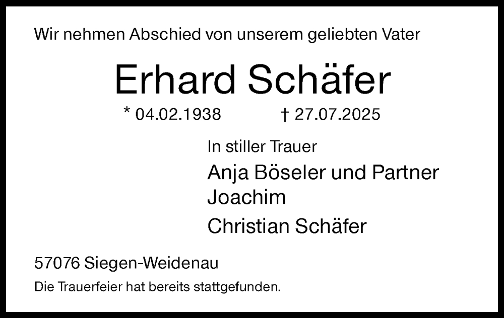  Traueranzeige für Erhard Schäfer vom 10.09.2025 aus Siegener Zeitung