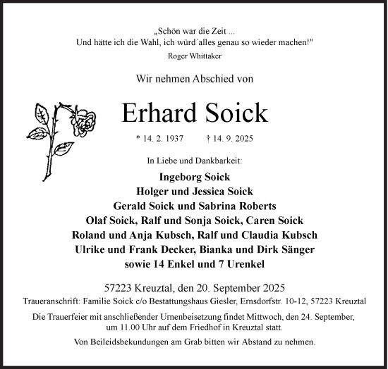 Traueranzeige von Erhard Soick von Siegener Zeitung