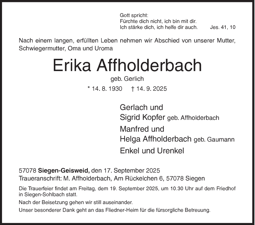  Traueranzeige für Erika Affholderbach vom 17.09.2025 aus Siegener Zeitung